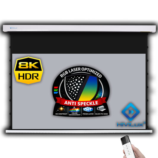 HiViLux® 16:9 Tension Motorized Projection Screen – Grey HiViGrey Cinema 0.8 – Black/White Housing