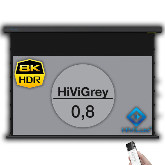 HiViLux® 16:9 Tension Motorized Projection Screen – Grey HiViGrey Cinema 0.8 – Black/White Housing