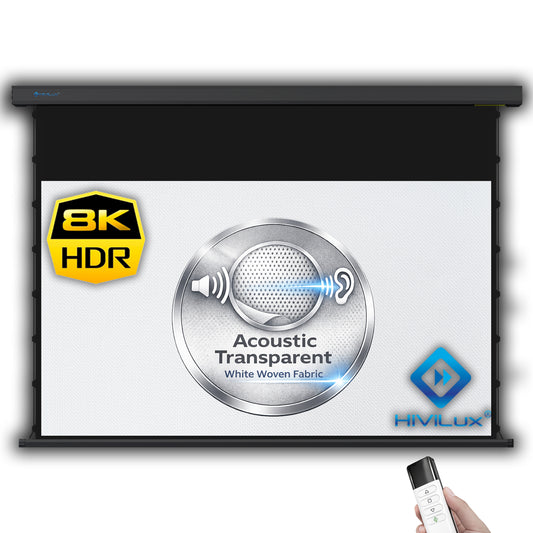 HiViLux® 16:9 Tension Motorized Projection Screen – Grey HiViGrey Cinema 0.8 – Black/White Housing